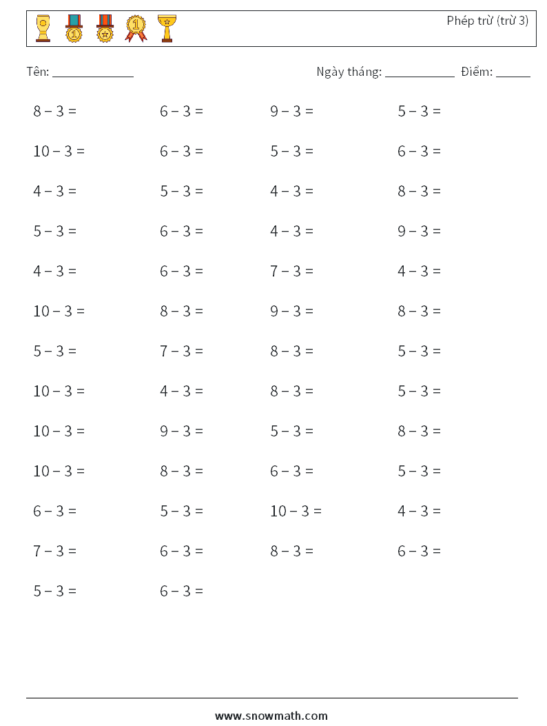 (50) Phép trừ (trừ 3)