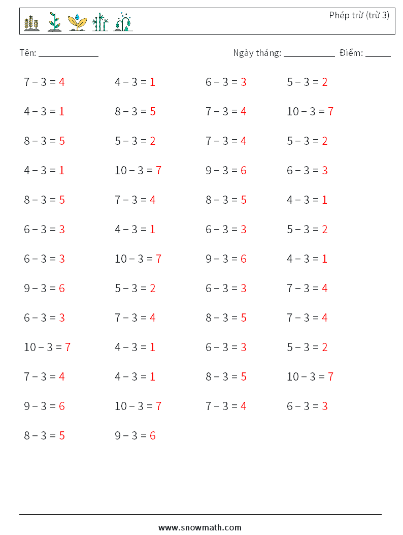 (50) Phép trừ (trừ 3) Bảng tính toán học 6 Câu hỏi, câu trả lời