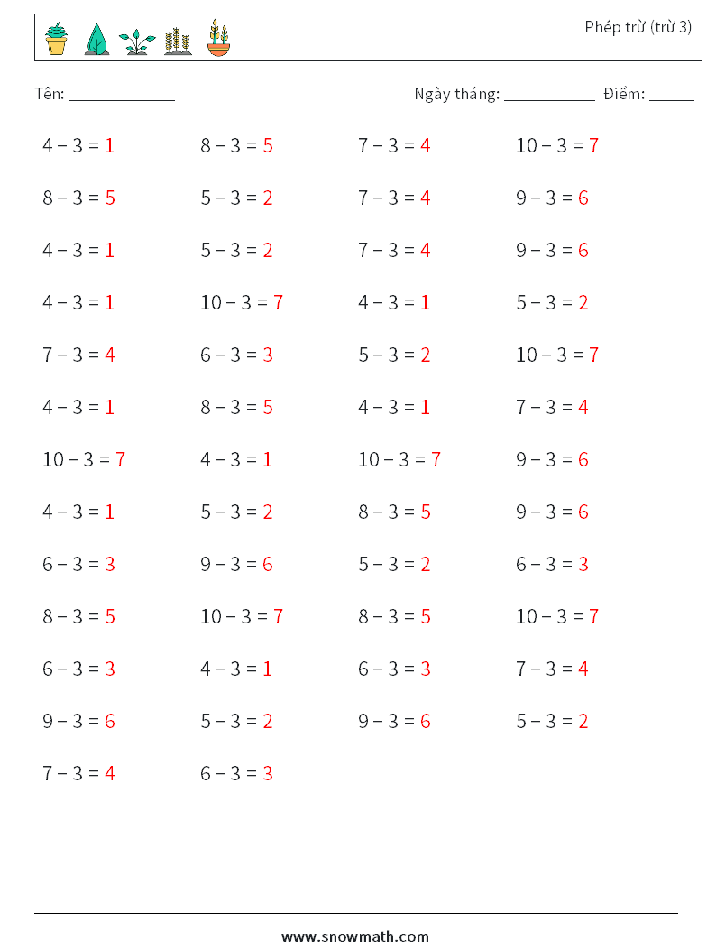 (50) Phép trừ (trừ 3) Bảng tính toán học 9 Câu hỏi, câu trả lời