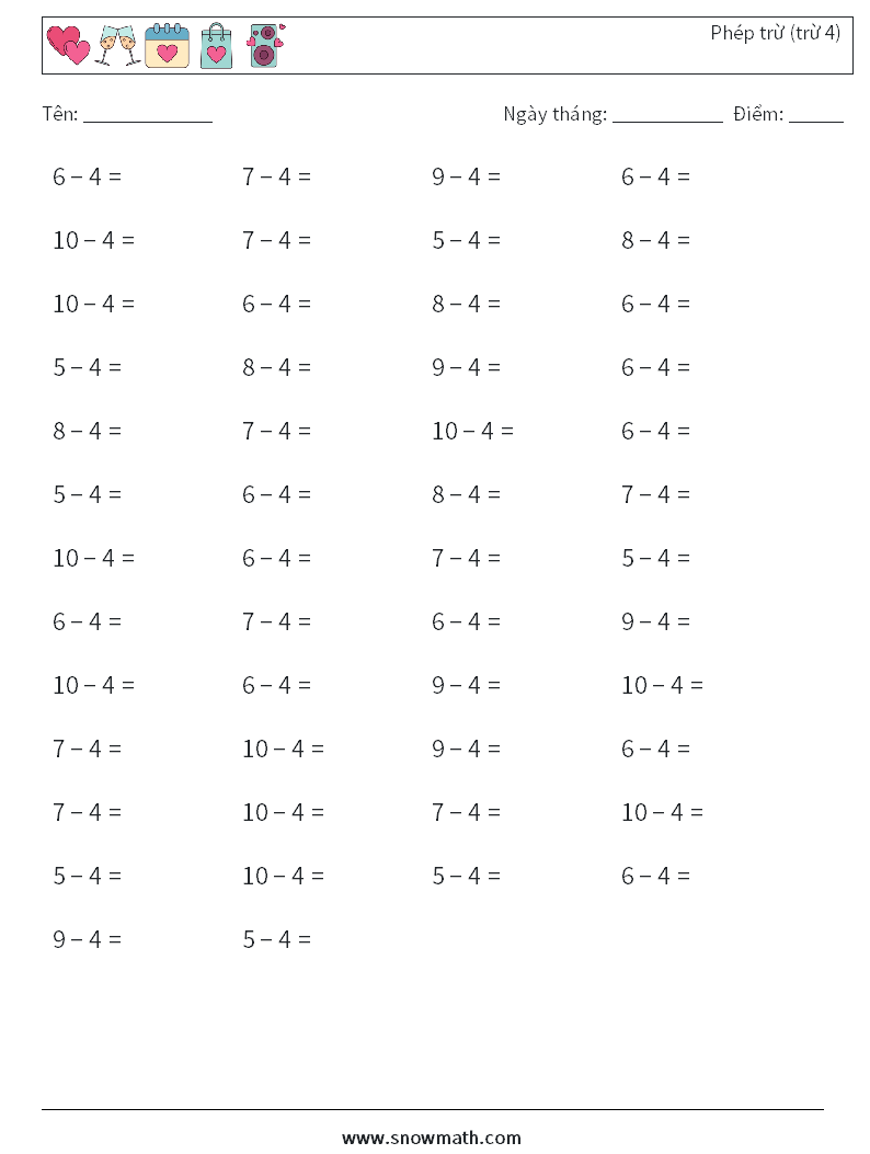 (50) Phép trừ (trừ 4)