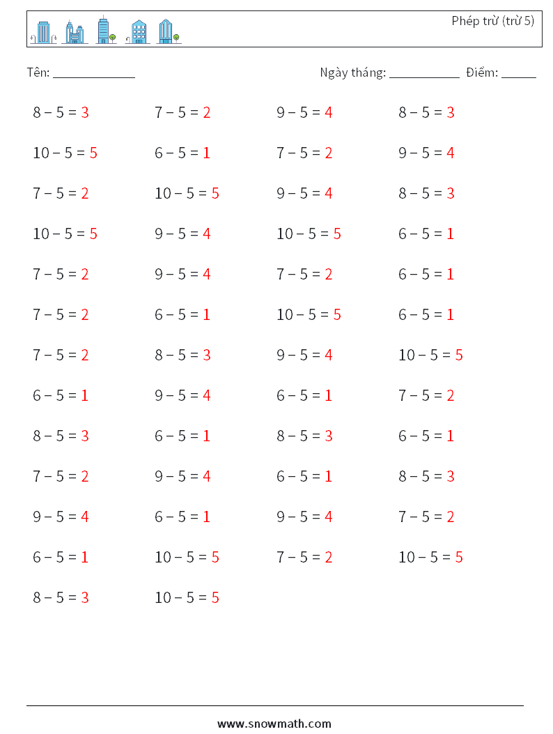 (50) Phép trừ (trừ 5) Bảng tính toán học 1 Câu hỏi, câu trả lời