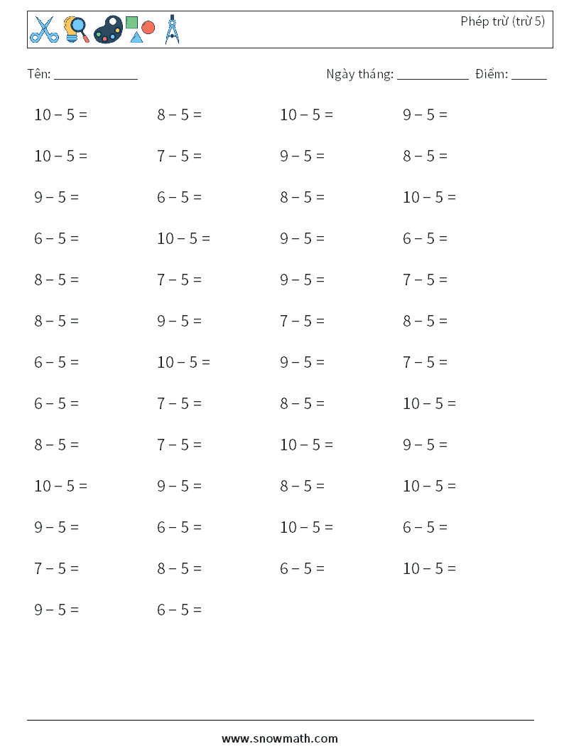 (50) Phép trừ (trừ 5) Bảng tính toán học 2