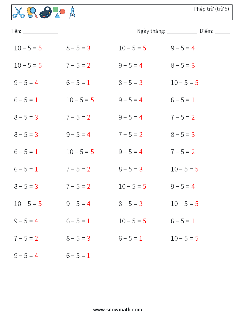 (50) Phép trừ (trừ 5) Bảng tính toán học 2 Câu hỏi, câu trả lời