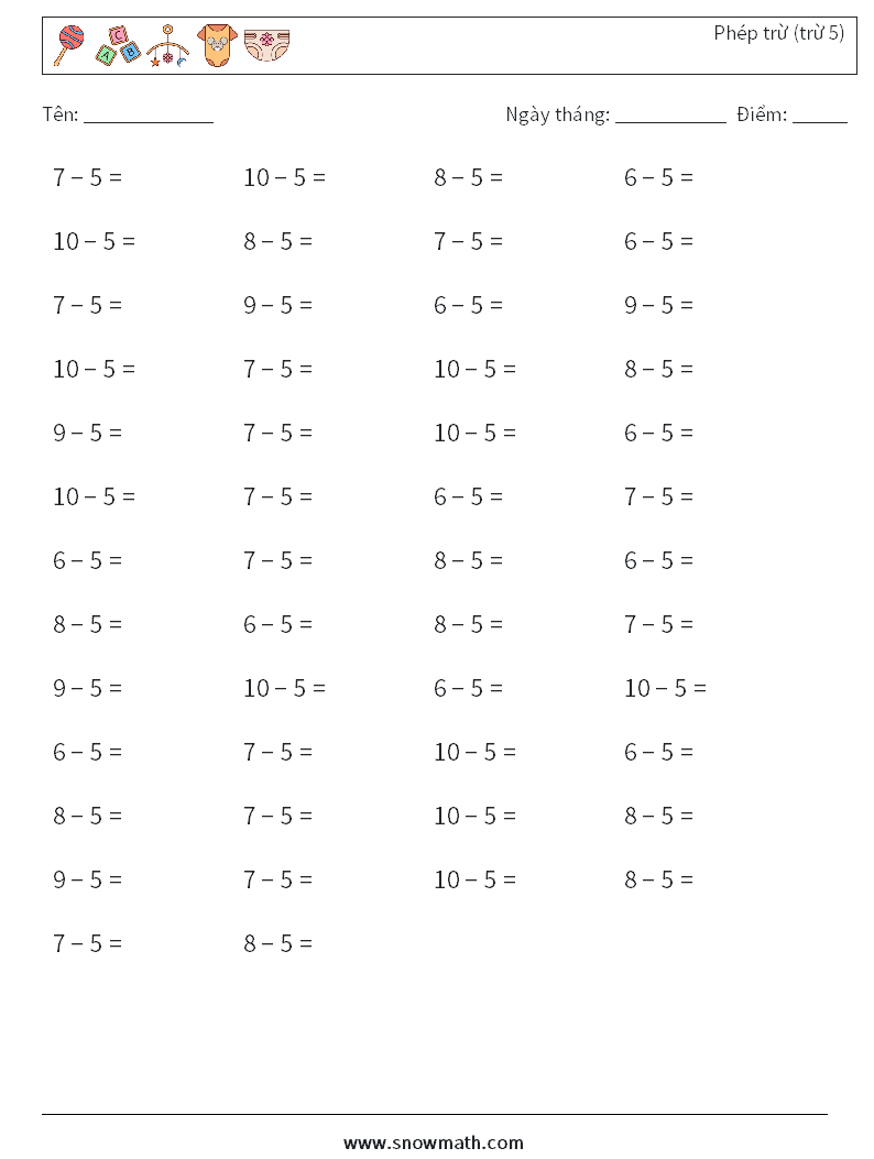 (50) Phép trừ (trừ 5) Bảng tính toán học 3