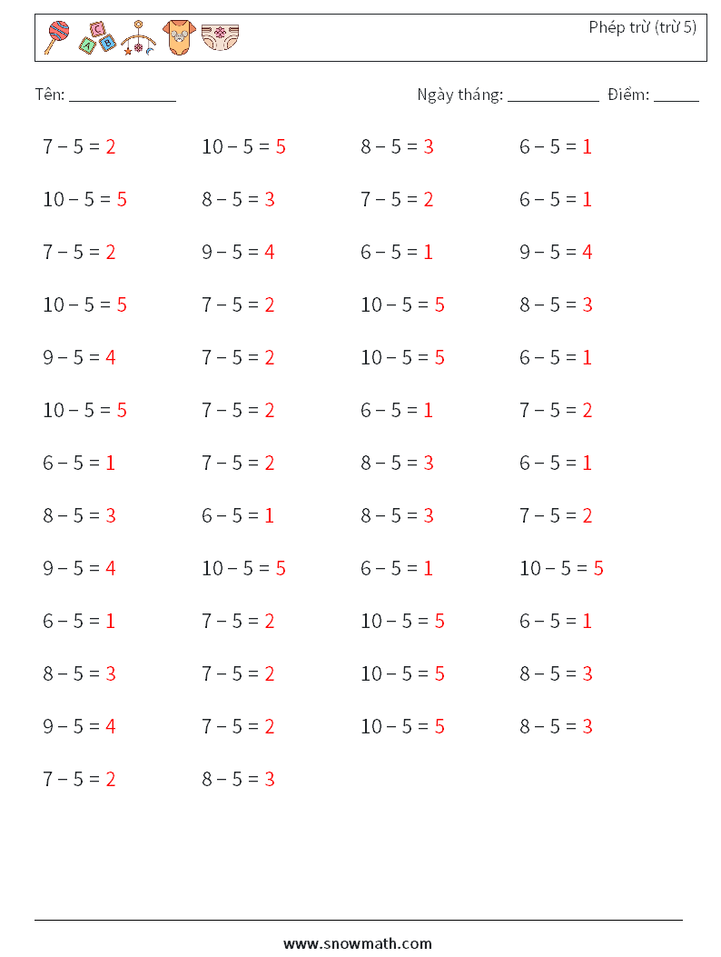 (50) Phép trừ (trừ 5) Bảng tính toán học 3 Câu hỏi, câu trả lời