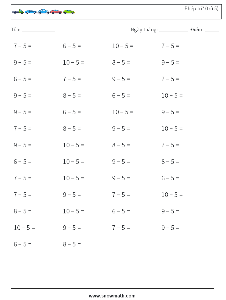 (50) Phép trừ (trừ 5) Bảng tính toán học 4