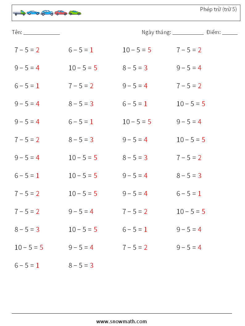(50) Phép trừ (trừ 5) Bảng tính toán học 4 Câu hỏi, câu trả lời