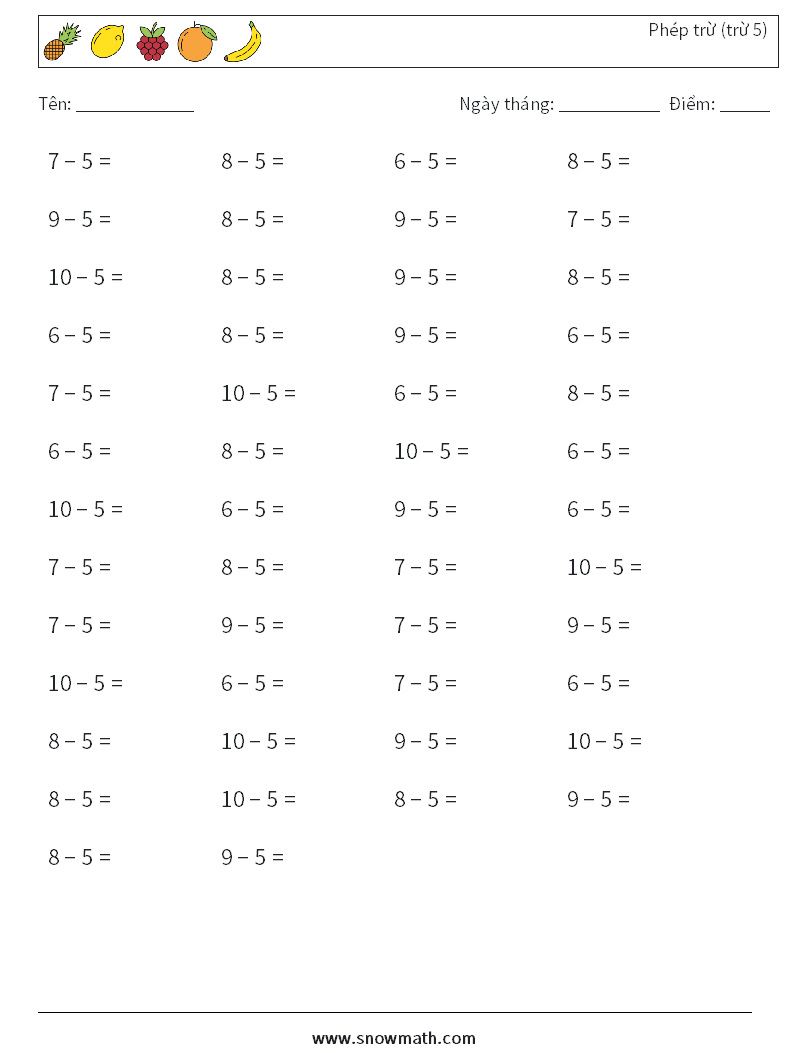 (50) Phép trừ (trừ 5) Bảng tính toán học 5