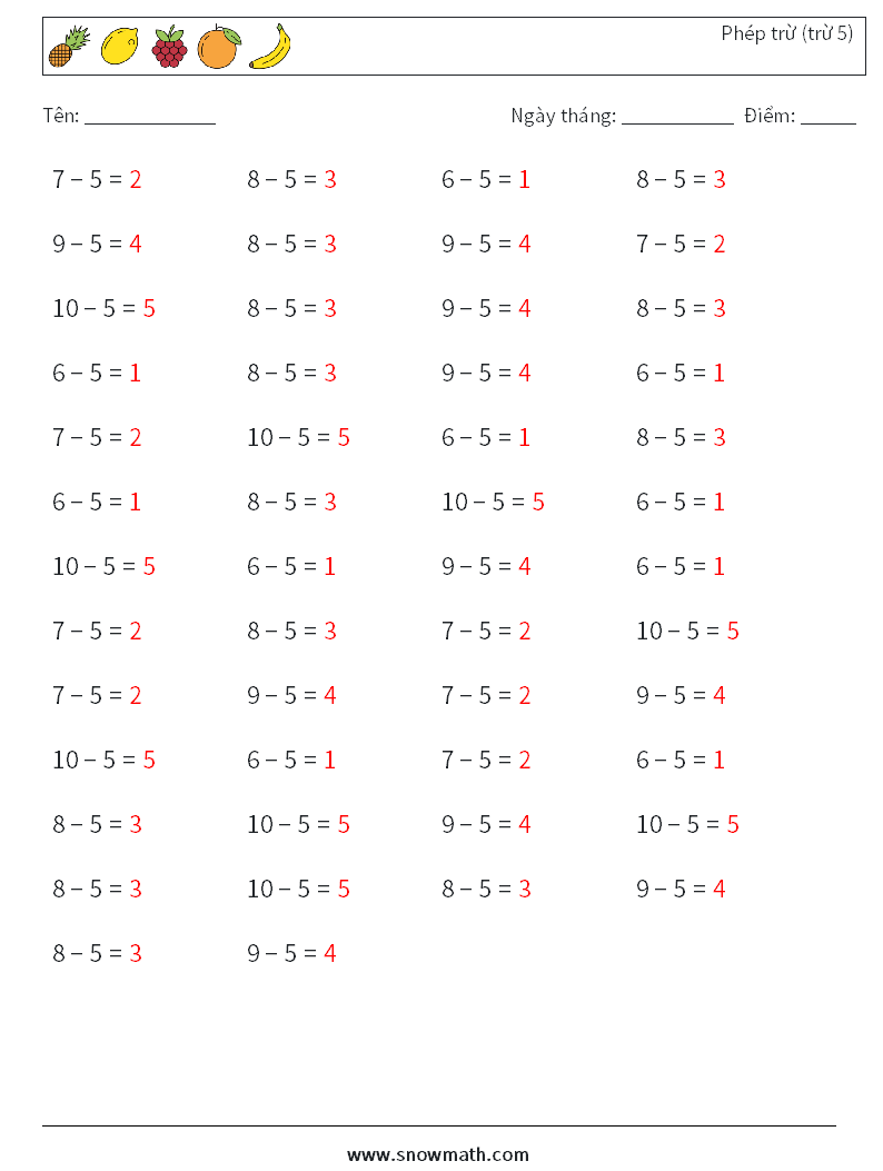 (50) Phép trừ (trừ 5) Bảng tính toán học 5 Câu hỏi, câu trả lời