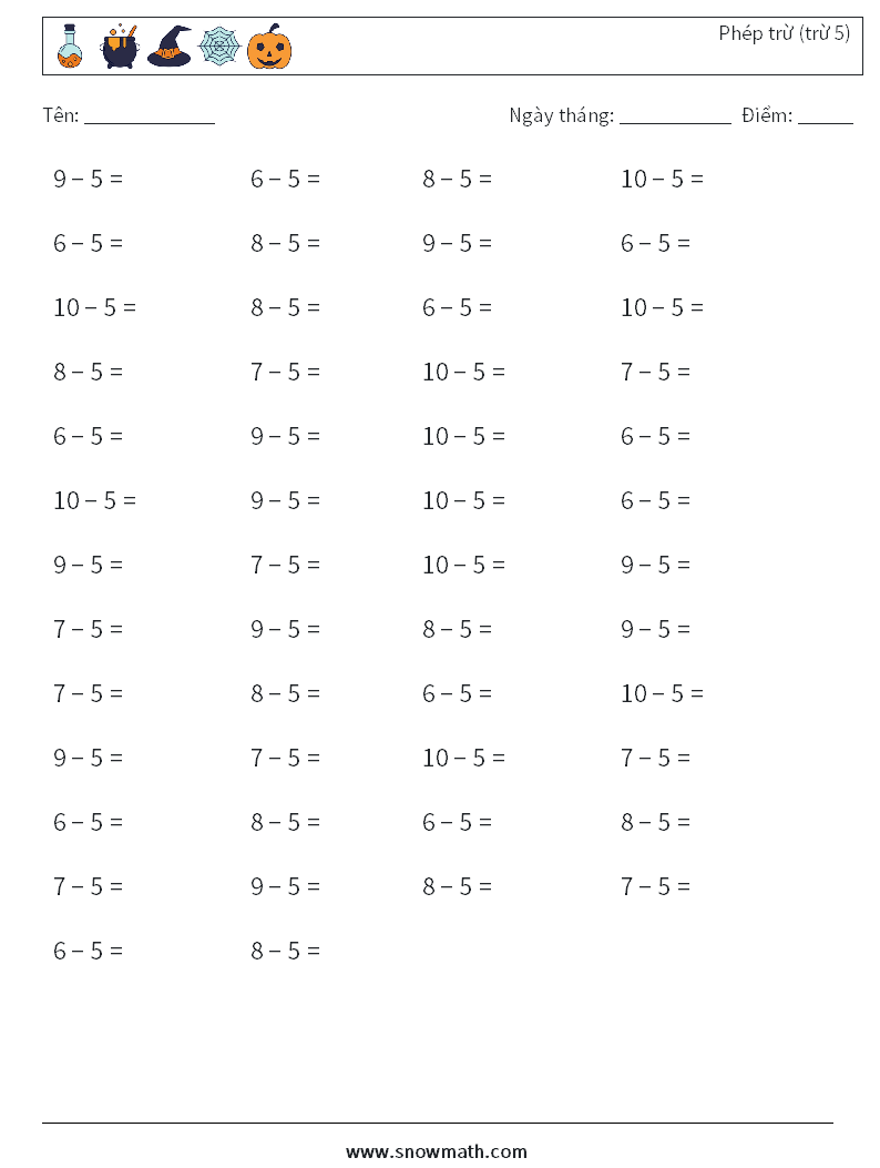 (50) Phép trừ (trừ 5) Bảng tính toán học 6