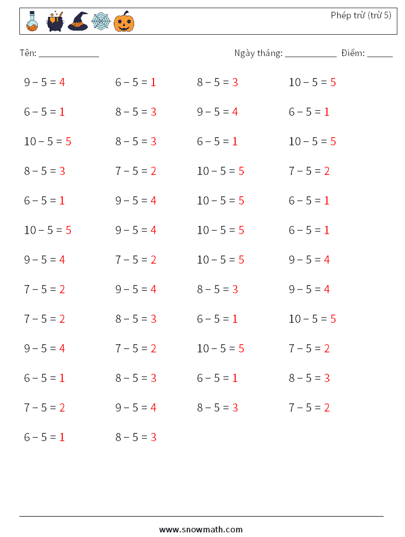 (50) Phép trừ (trừ 5) Bảng tính toán học 6 Câu hỏi, câu trả lời