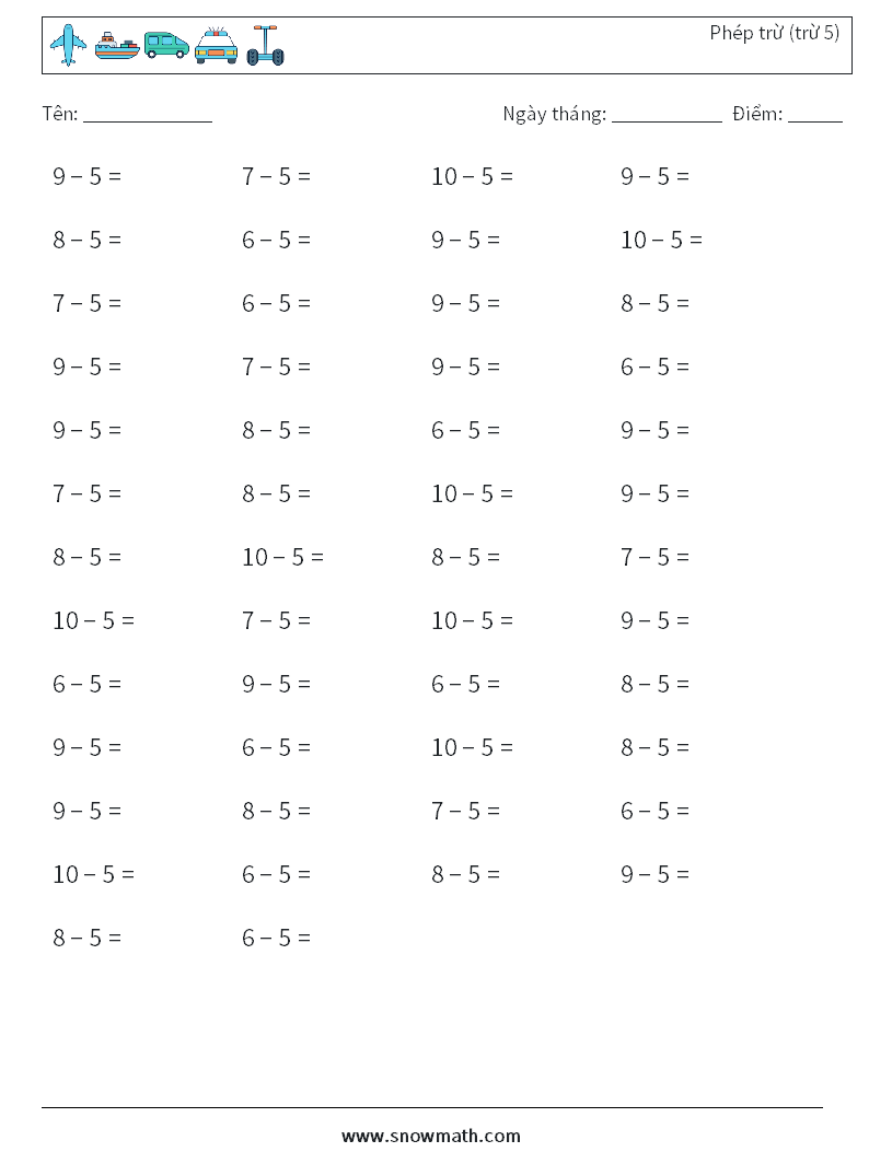 (50) Phép trừ (trừ 5) Bảng tính toán học 7