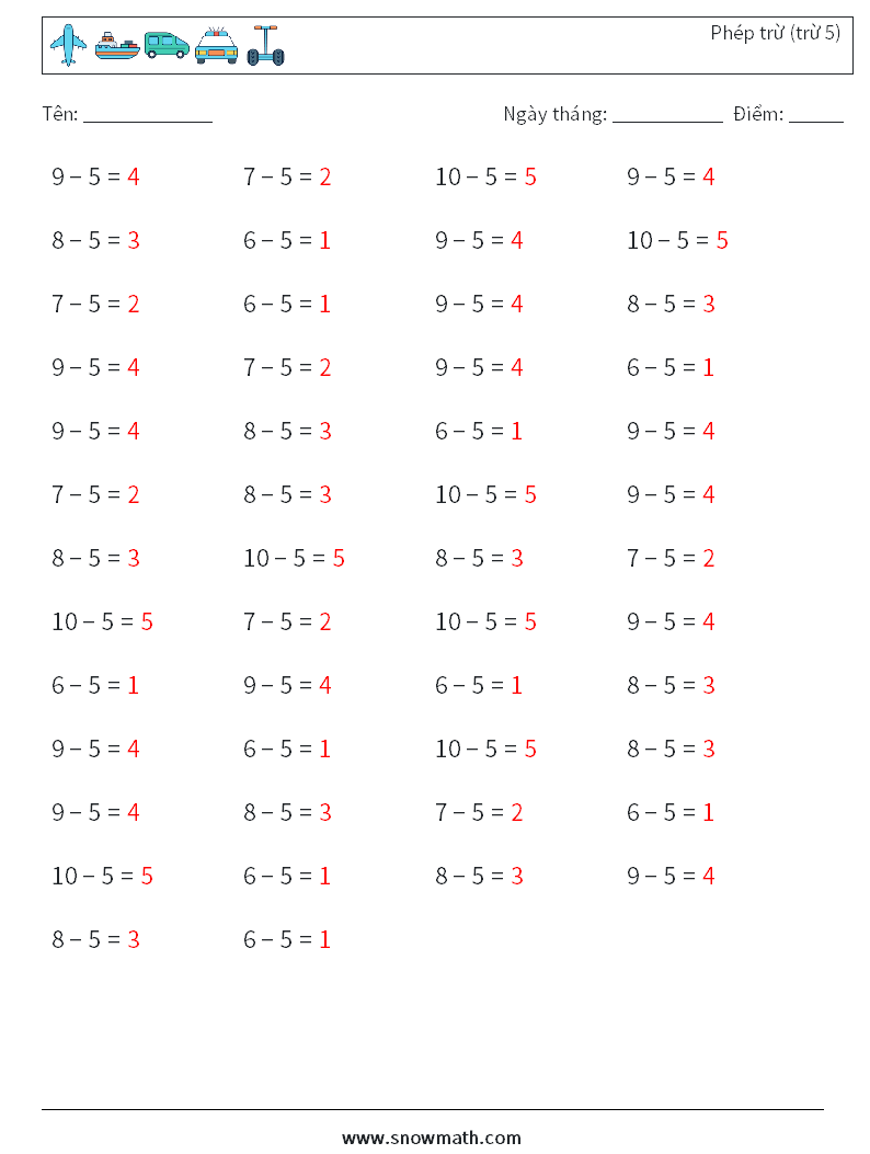 (50) Phép trừ (trừ 5) Bảng tính toán học 7 Câu hỏi, câu trả lời