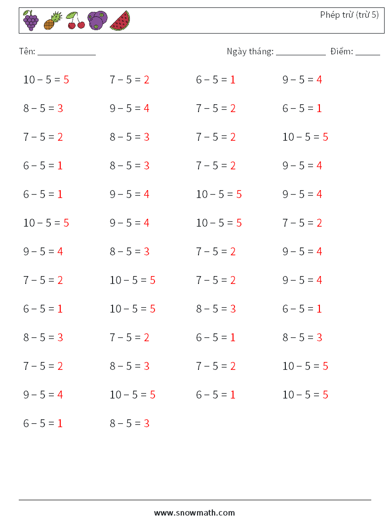 (50) Phép trừ (trừ 5) Bảng tính toán học 8 Câu hỏi, câu trả lời