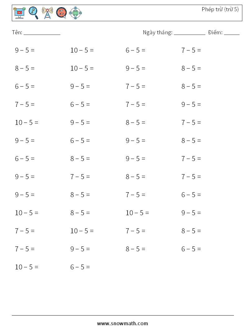 (50) Phép trừ (trừ 5) Bảng tính toán học 9