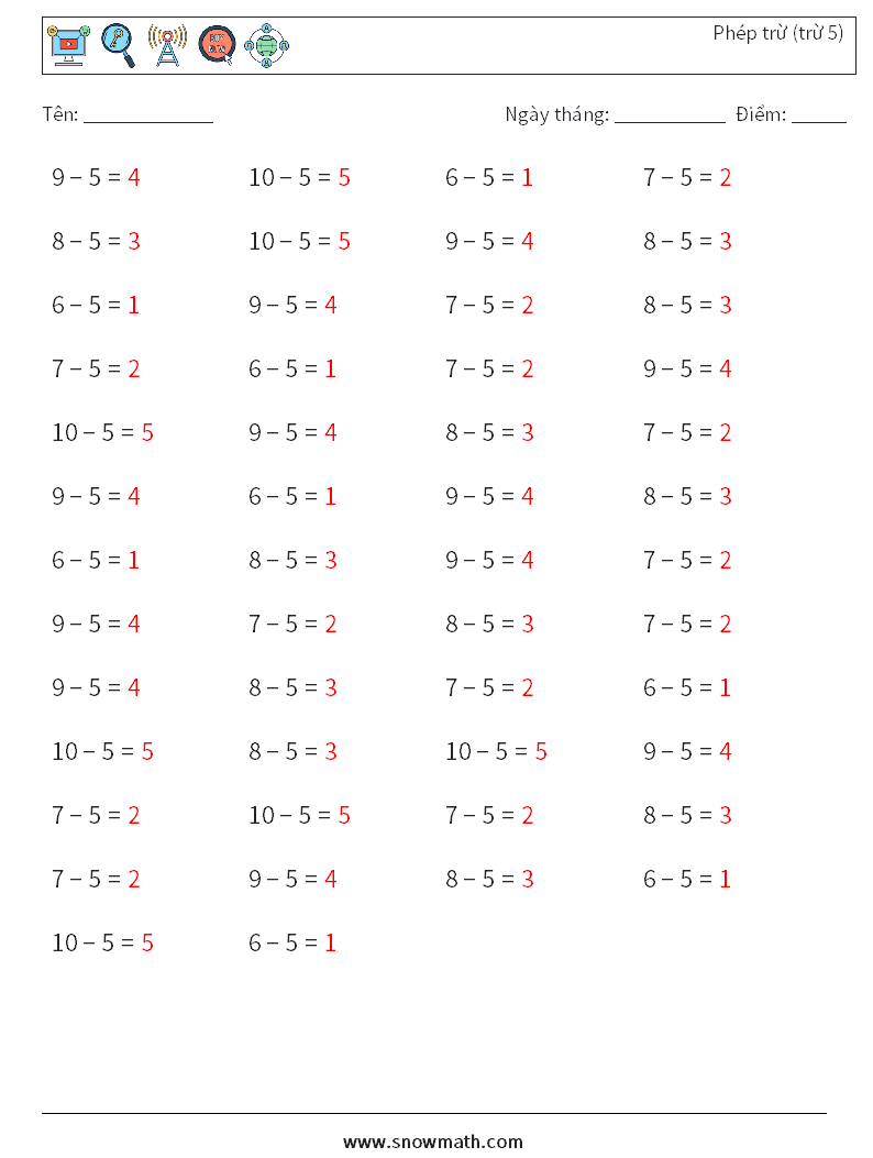 (50) Phép trừ (trừ 5) Bảng tính toán học 9 Câu hỏi, câu trả lời