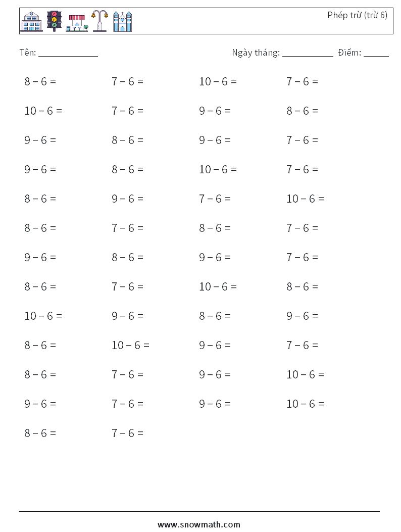 (50) Phép trừ (trừ 6)