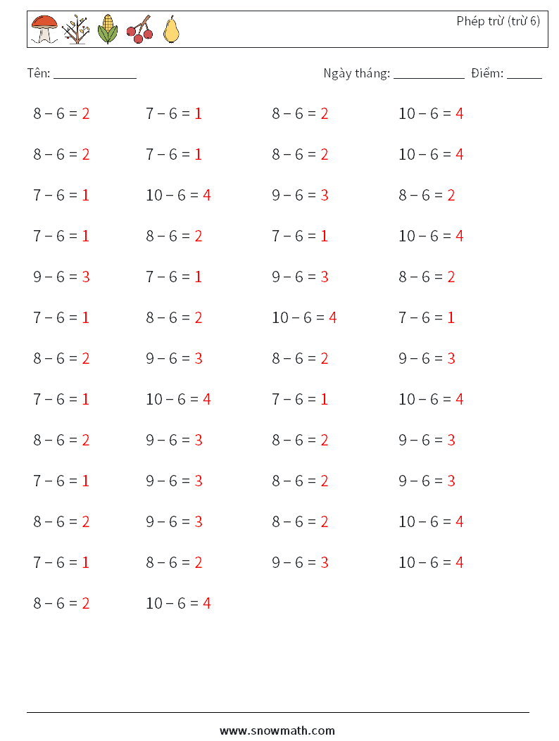 (50) Phép trừ (trừ 6) Bảng tính toán học 8 Câu hỏi, câu trả lời