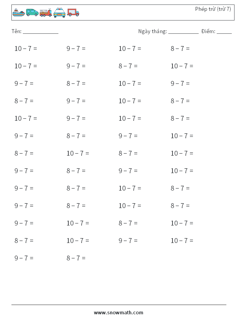 (50) Phép trừ (trừ 7)