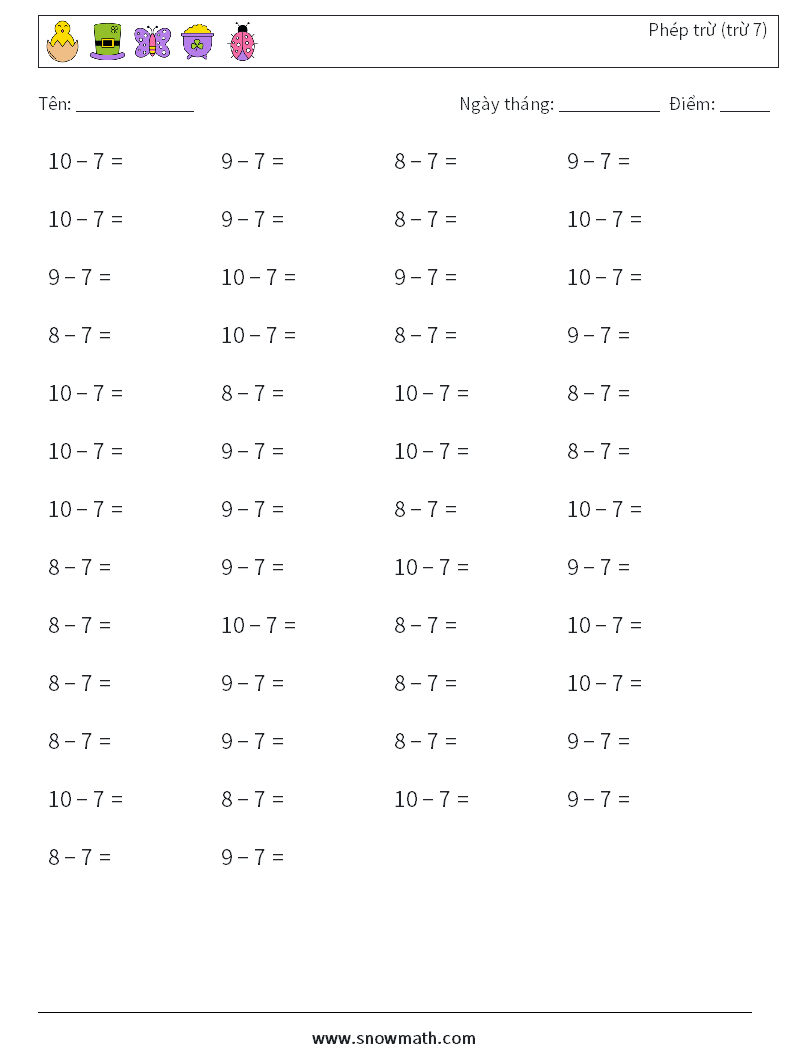 (50) Phép trừ (trừ 7) Bảng tính toán học 2