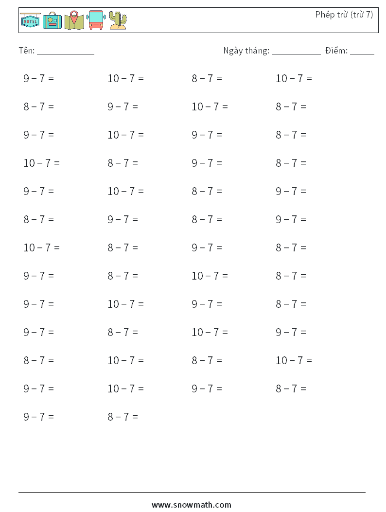 (50) Phép trừ (trừ 7) Bảng tính toán học 5