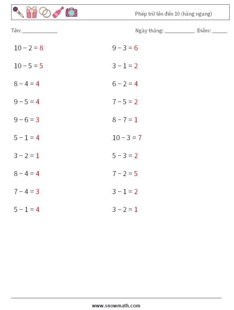 (20) Phép trừ lên đến 10 (hàng ngang) Bảng tính toán học 1 Câu hỏi, câu trả lời