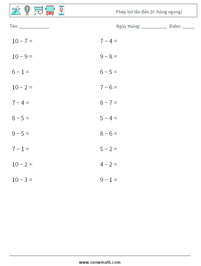 (20) Phép trừ lên đến 10 (hàng ngang) Bảng tính toán học 2