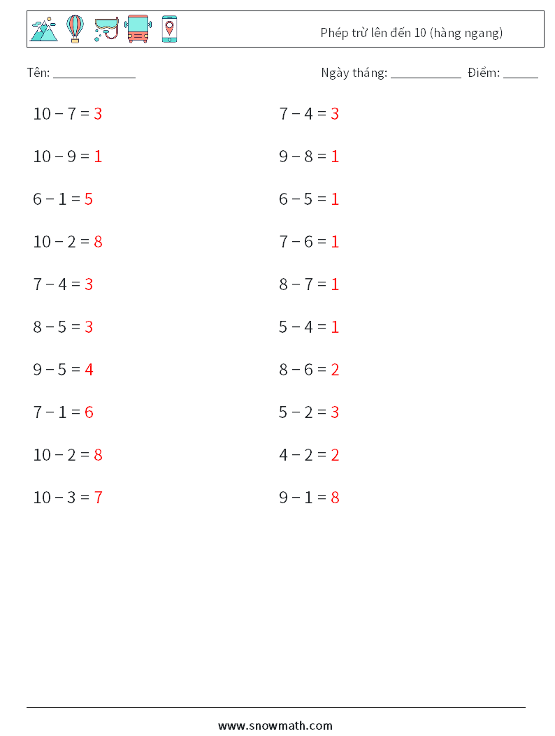 (20) Phép trừ lên đến 10 (hàng ngang) Bảng tính toán học 2 Câu hỏi, câu trả lời