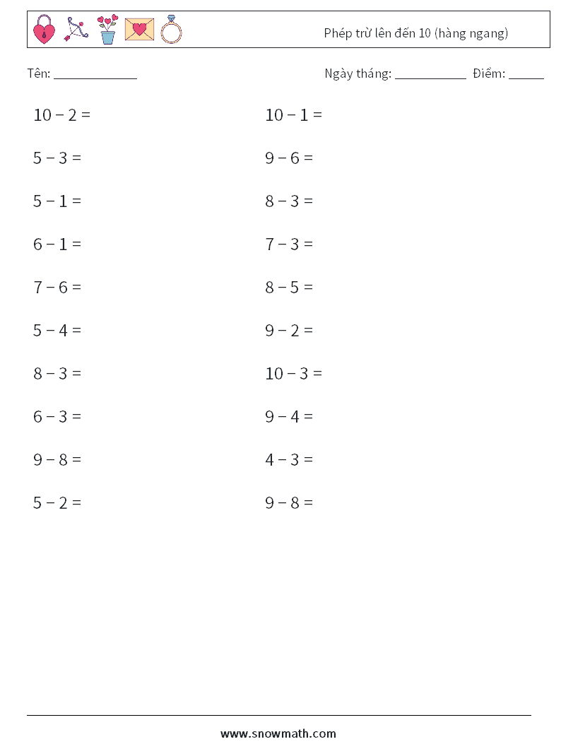 (20) Phép trừ lên đến 10 (hàng ngang) Bảng tính toán học 3