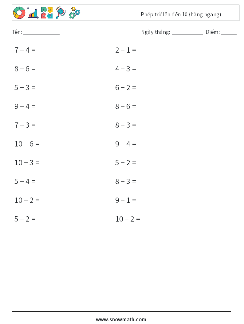 (20) Phép trừ lên đến 10 (hàng ngang) Bảng tính toán học 4
