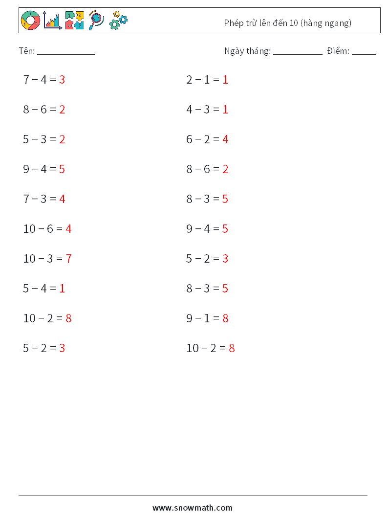 (20) Phép trừ lên đến 10 (hàng ngang) Bảng tính toán học 4 Câu hỏi, câu trả lời