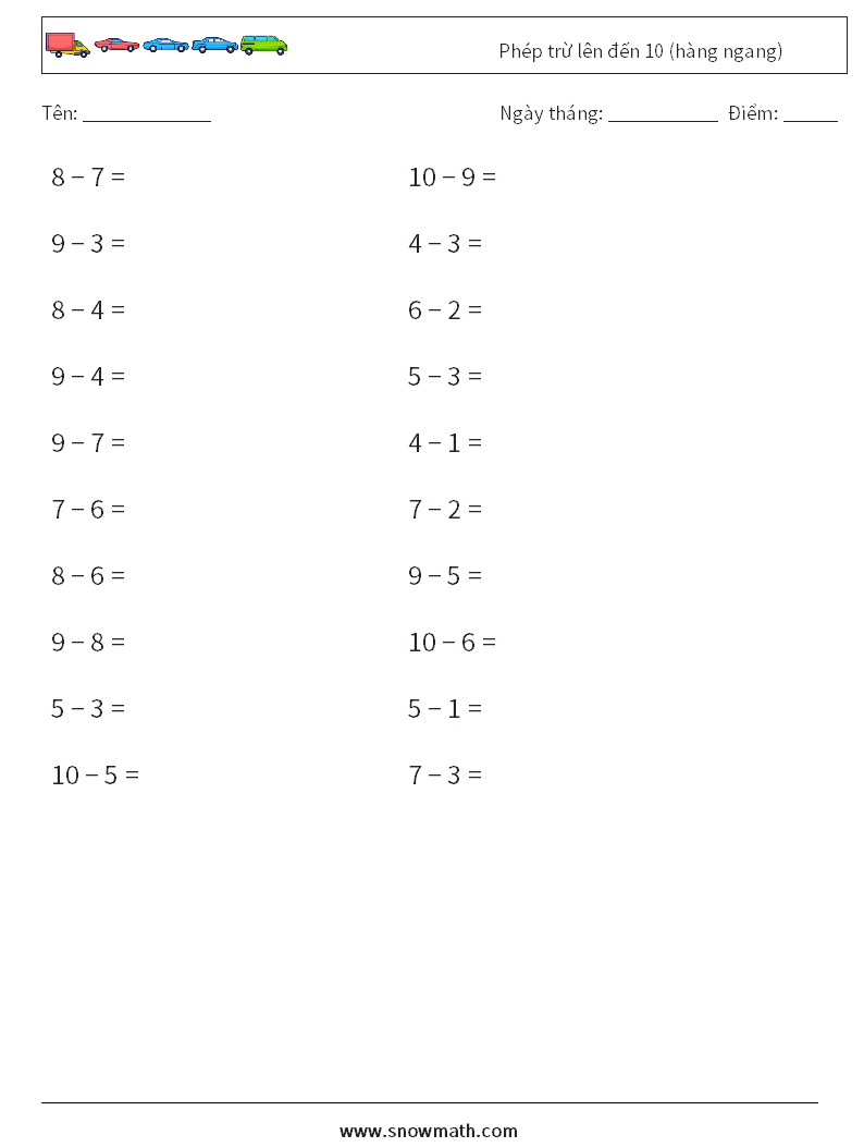 (20) Phép trừ lên đến 10 (hàng ngang) Bảng tính toán học 5