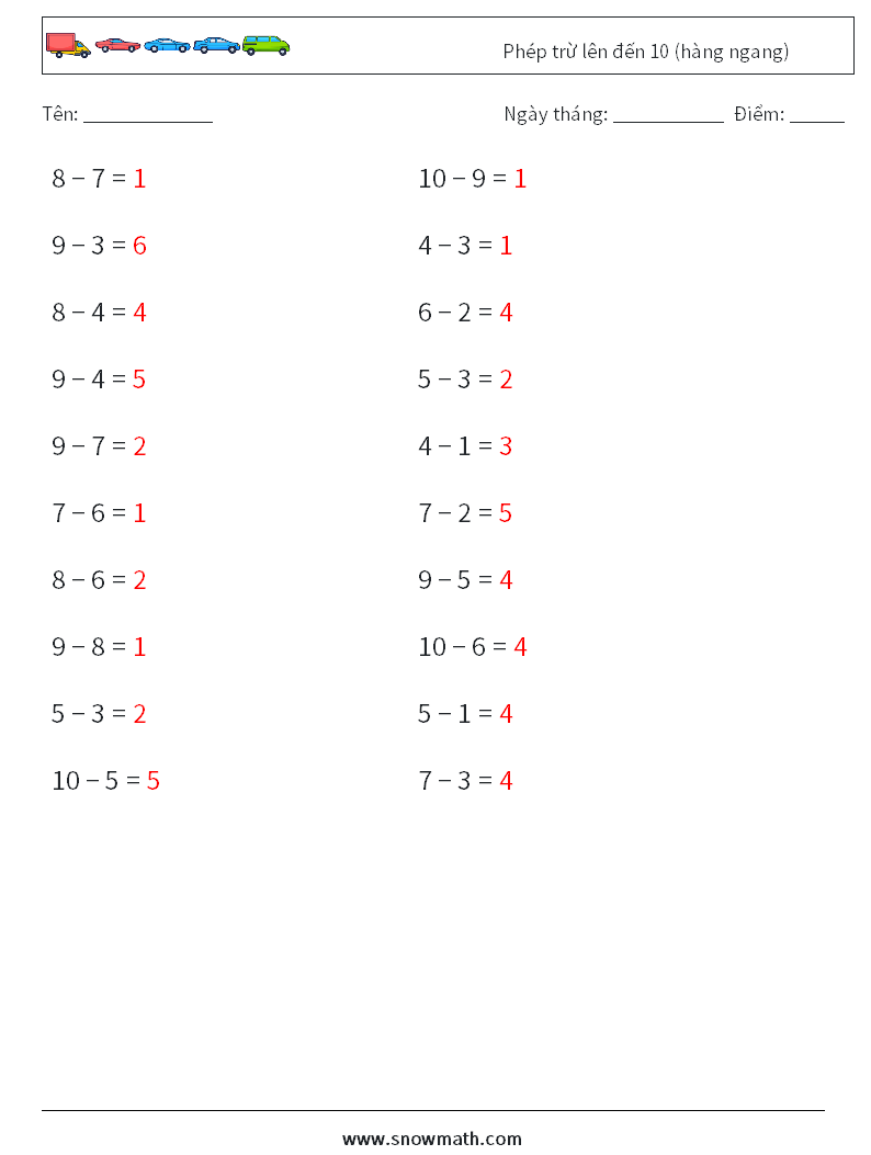 (20) Phép trừ lên đến 10 (hàng ngang) Bảng tính toán học 5 Câu hỏi, câu trả lời