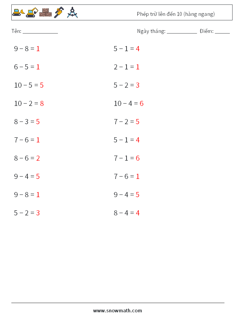 (20) Phép trừ lên đến 10 (hàng ngang) Bảng tính toán học 6 Câu hỏi, câu trả lời
