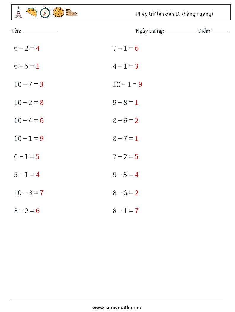 (20) Phép trừ lên đến 10 (hàng ngang) Bảng tính toán học 8 Câu hỏi, câu trả lời