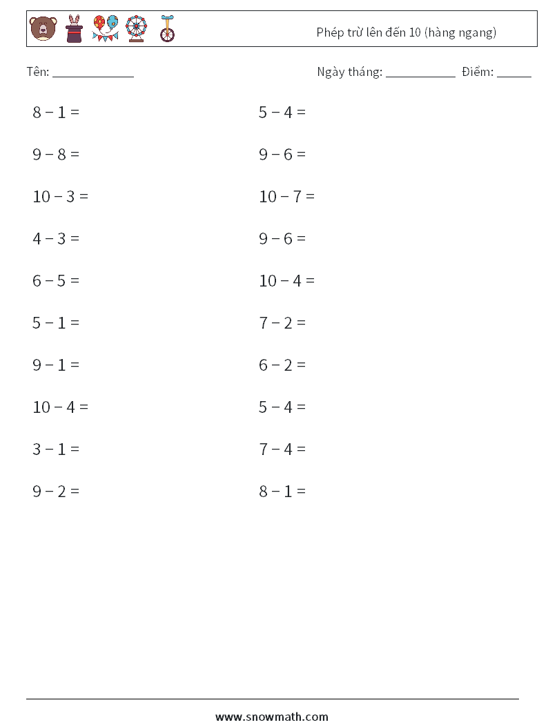 (20) Phép trừ lên đến 10 (hàng ngang) Bảng tính toán học 9