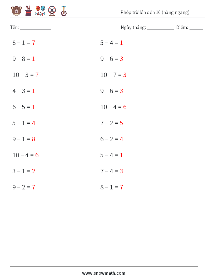 (20) Phép trừ lên đến 10 (hàng ngang) Bảng tính toán học 9 Câu hỏi, câu trả lời