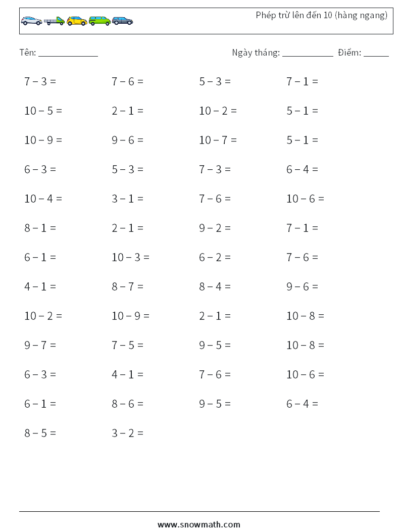(50) Phép trừ lên đến 10 (hàng ngang)