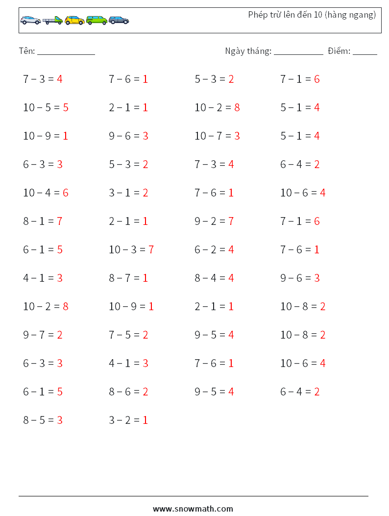 (50) Phép trừ lên đến 10 (hàng ngang) Bảng tính toán học 1 Câu hỏi, câu trả lời