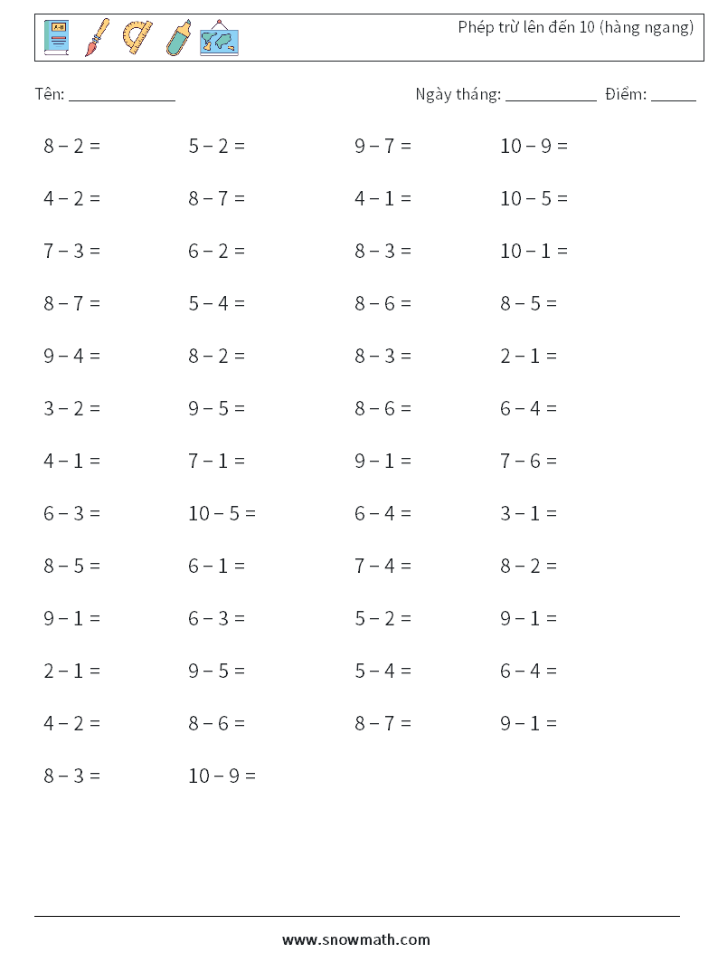 (50) Phép trừ lên đến 10 (hàng ngang) Bảng tính toán học 2