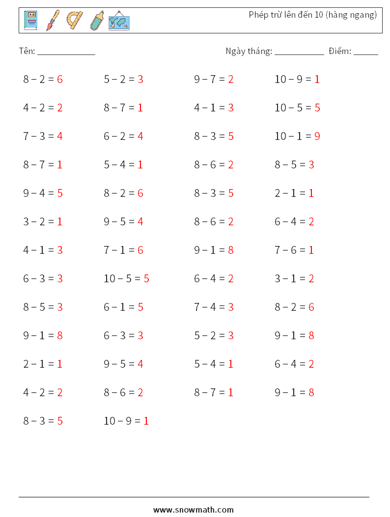 (50) Phép trừ lên đến 10 (hàng ngang) Bảng tính toán học 2 Câu hỏi, câu trả lời
