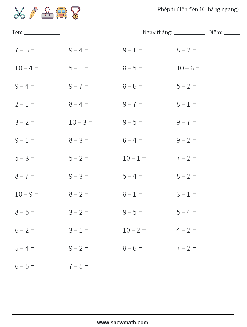 (50) Phép trừ lên đến 10 (hàng ngang) Bảng tính toán học 3