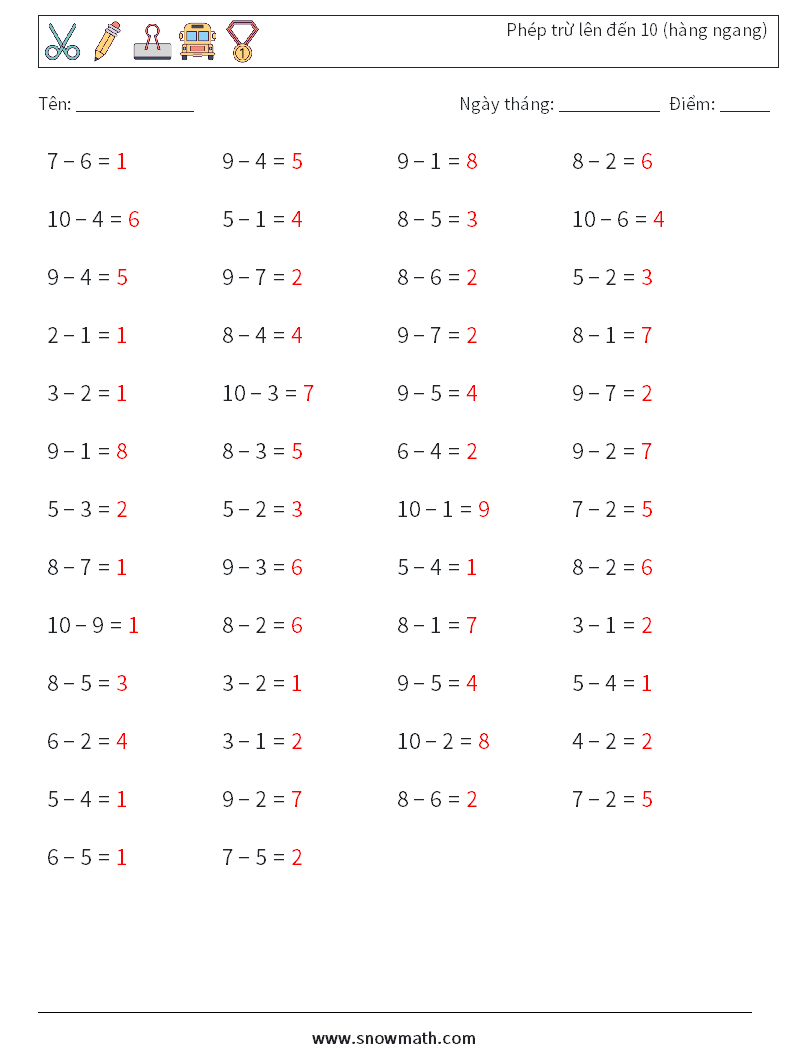 (50) Phép trừ lên đến 10 (hàng ngang) Bảng tính toán học 3 Câu hỏi, câu trả lời