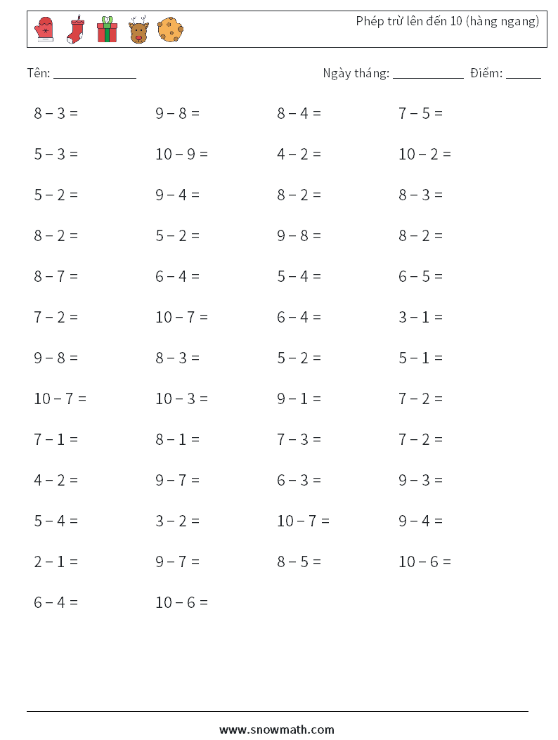 (50) Phép trừ lên đến 10 (hàng ngang) Bảng tính toán học 4
