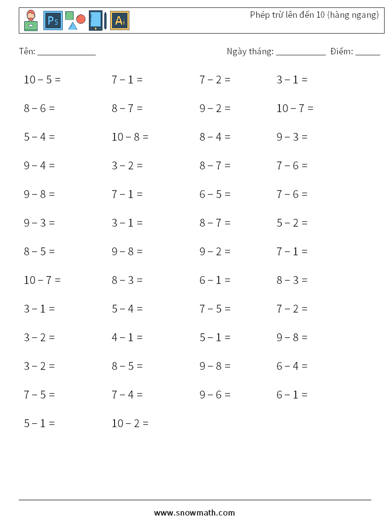 (50) Phép trừ lên đến 10 (hàng ngang) Bảng tính toán học 5