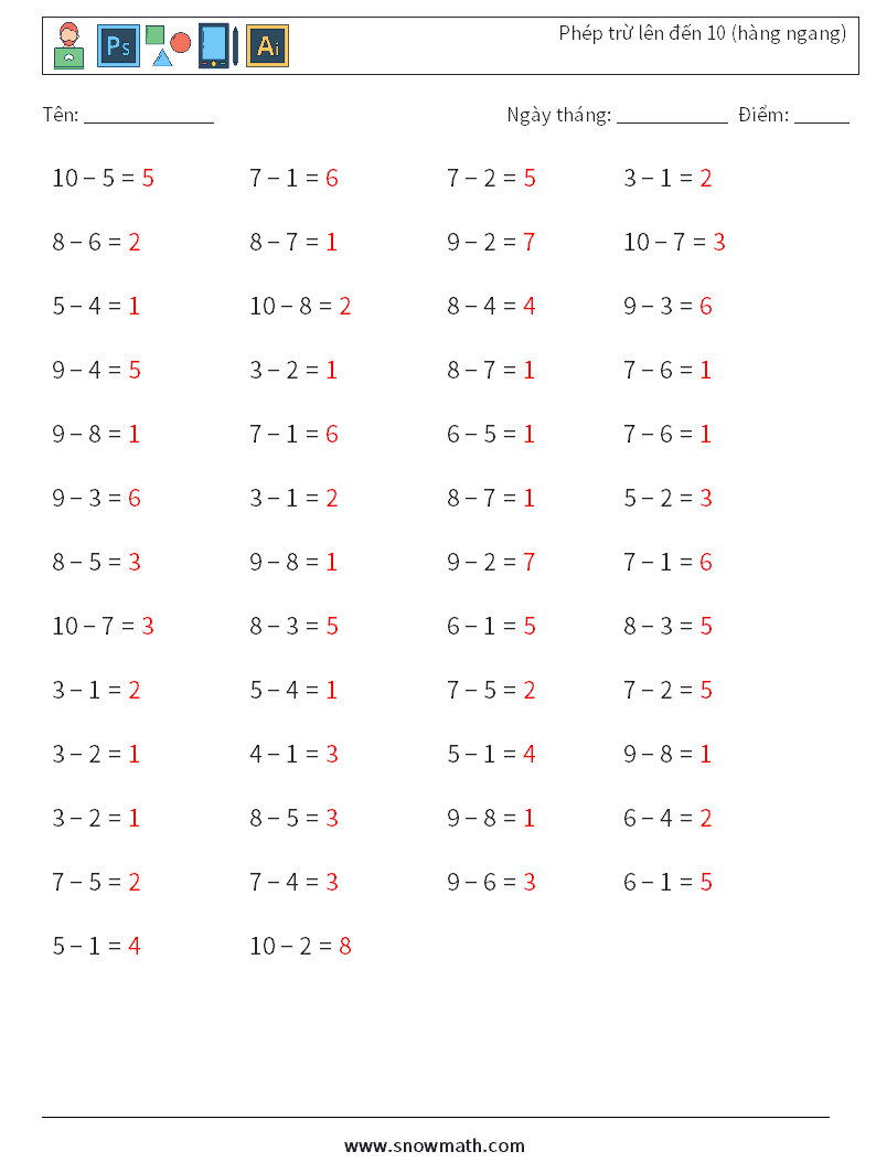 (50) Phép trừ lên đến 10 (hàng ngang) Bảng tính toán học 5 Câu hỏi, câu trả lời