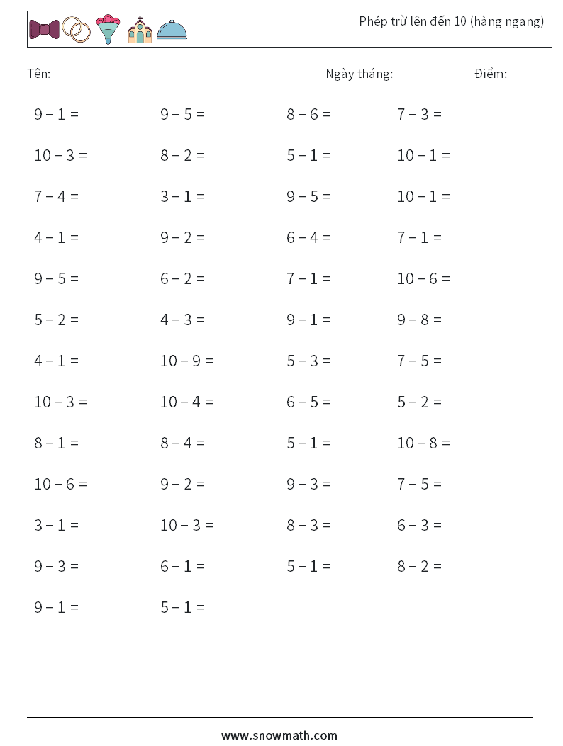 (50) Phép trừ lên đến 10 (hàng ngang) Bảng tính toán học 6