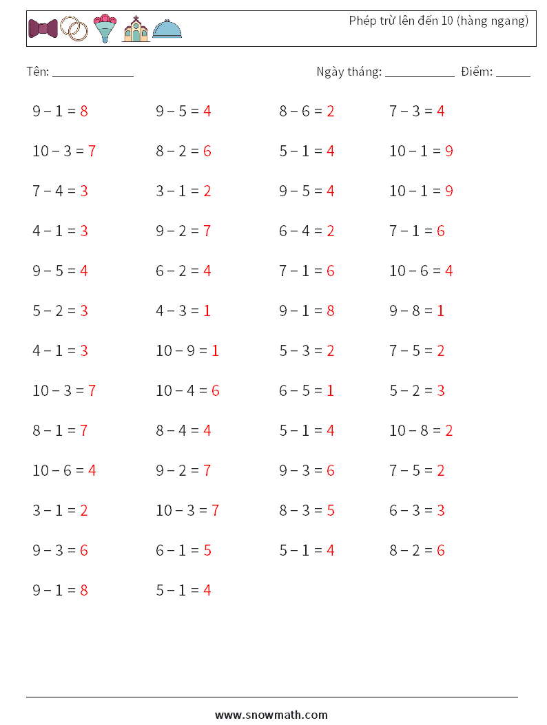 (50) Phép trừ lên đến 10 (hàng ngang) Bảng tính toán học 6 Câu hỏi, câu trả lời