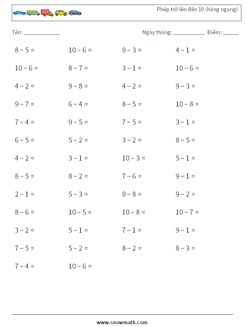 (50) Phép trừ lên đến 10 (hàng ngang) Bảng tính toán học 7