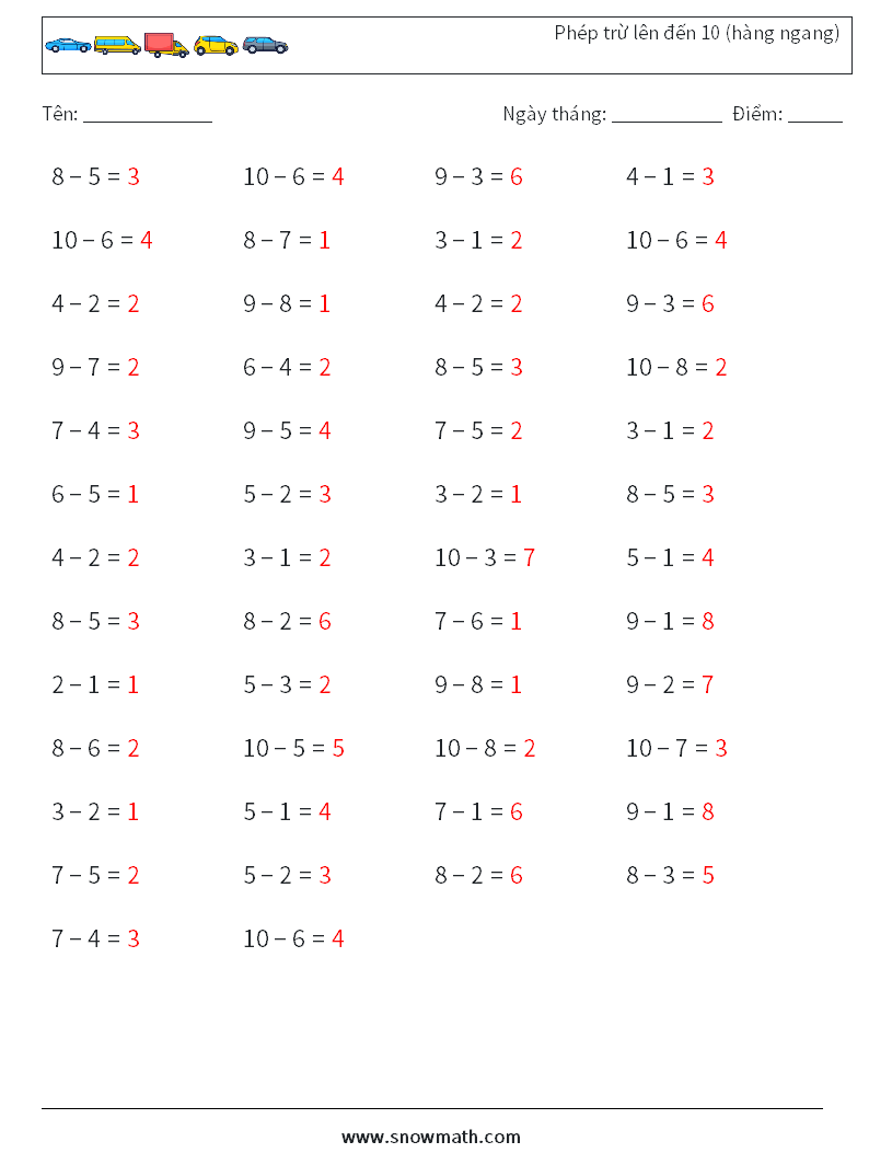 (50) Phép trừ lên đến 10 (hàng ngang) Bảng tính toán học 7 Câu hỏi, câu trả lời